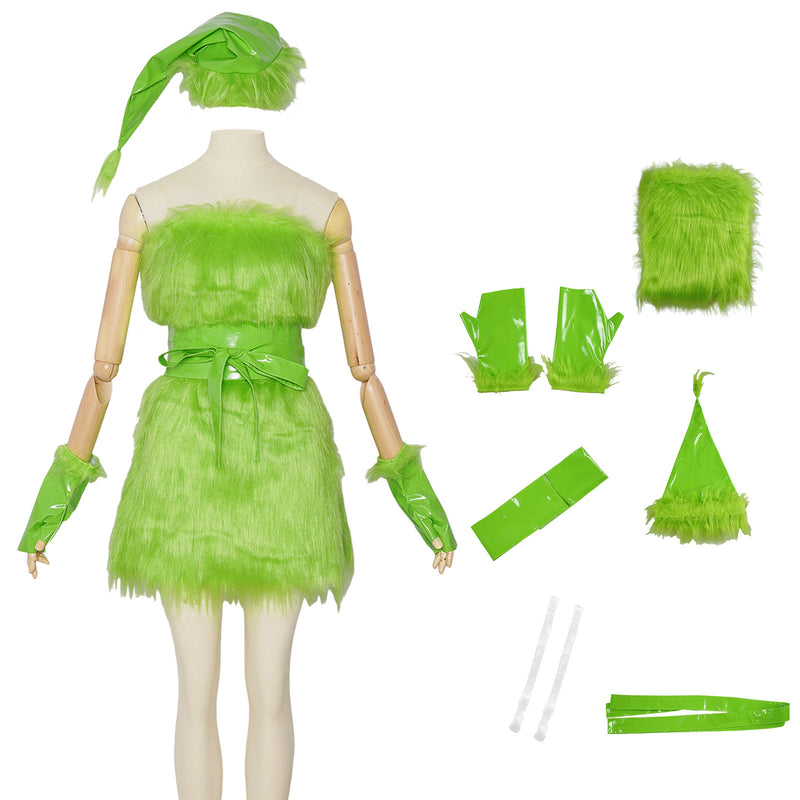 Women Christmas Plush Green Tight Dress Gloves Sashes Hat