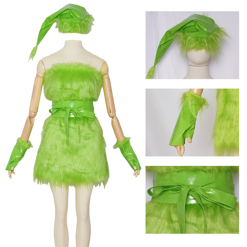 Women Christmas Plush Green Tight Dress Gloves Sashes Hat