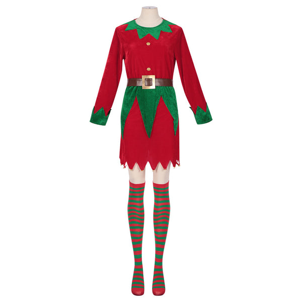 Women Christmas Red Collar Green Straight Dress Striped Socks Belt