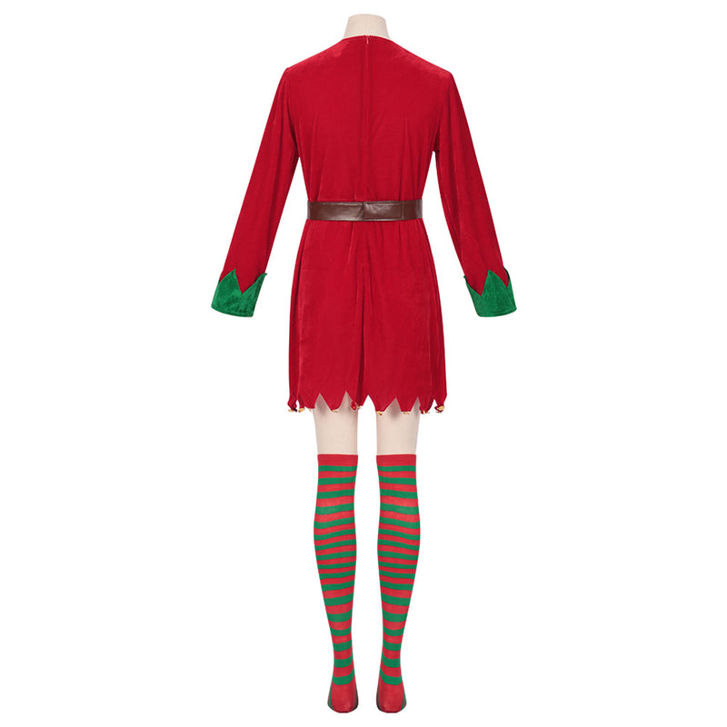 Women Christmas Red Collar Green Straight Dress Striped Socks Belt