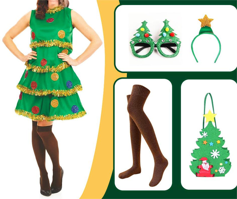 Women Christmas Tree Outfit Set Cute Green Elf Clothing Headband Dress Socks for Christmas Adults Party Uniform