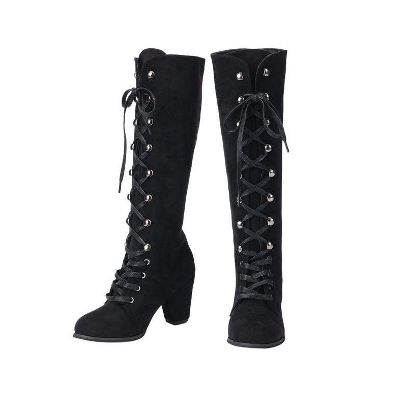 Women Chunky Heel Knee High Boots Medieval Victorian Cosplay Shoes