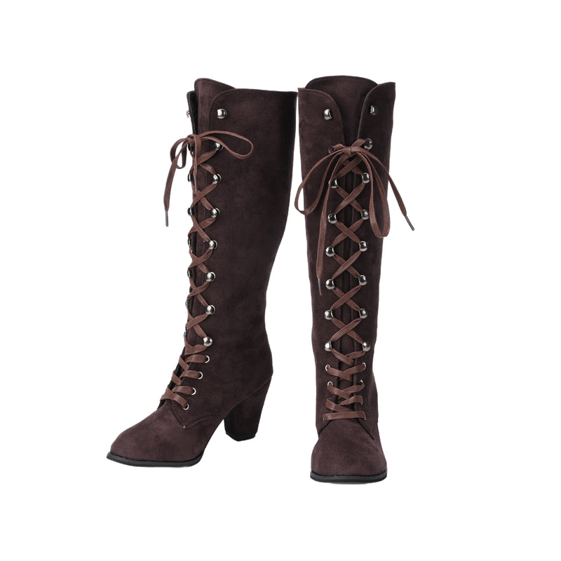 Women Chunky Heel Knee High Boots Medieval Victorian Cosplay Shoes