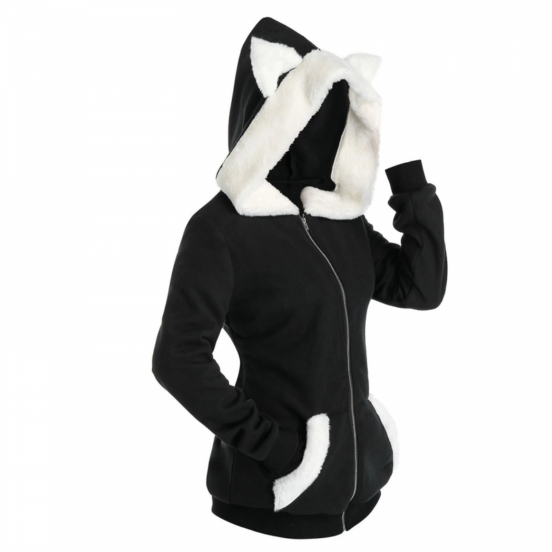 Women Cute Cat Ear Zip Up Hoodies Sherpa Warm Fuzzy Fleece Coat