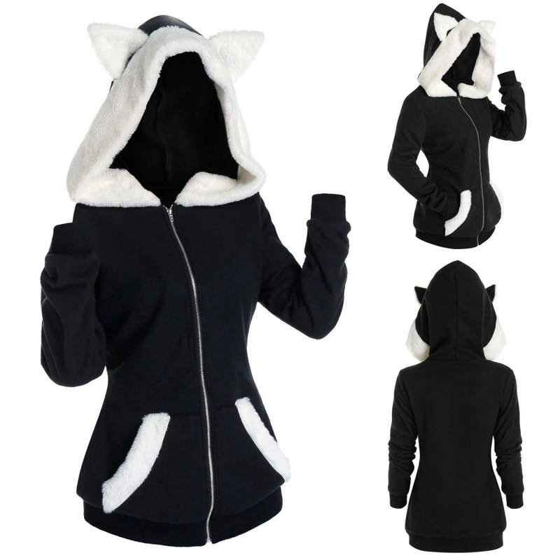 Women Cute Cat Ear Zip Up Hoodies Sherpa Warm Fuzzy Fleece Coat