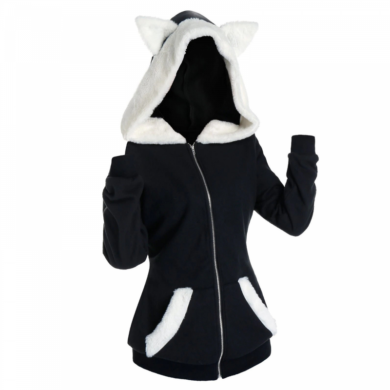 Women Cute Cat Ear Zip Up Hoodies Sherpa Warm Fuzzy Fleece Coat