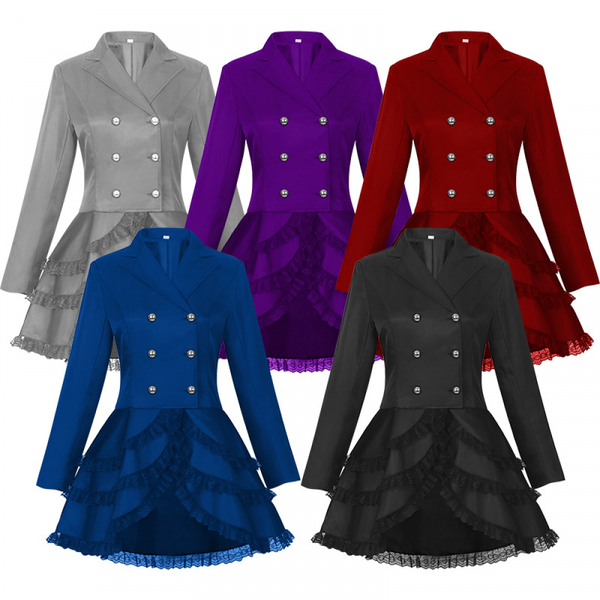 Women Double Breasted Victorian Coat Tuxedo Gothic Lace Hem Tailcoat