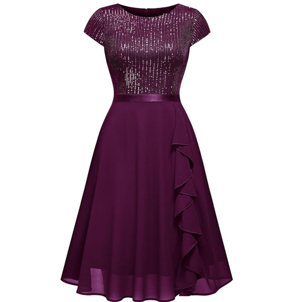 Women Elegant Glitter Sequin Ruffle Style Cocktail Prom Evening Dress