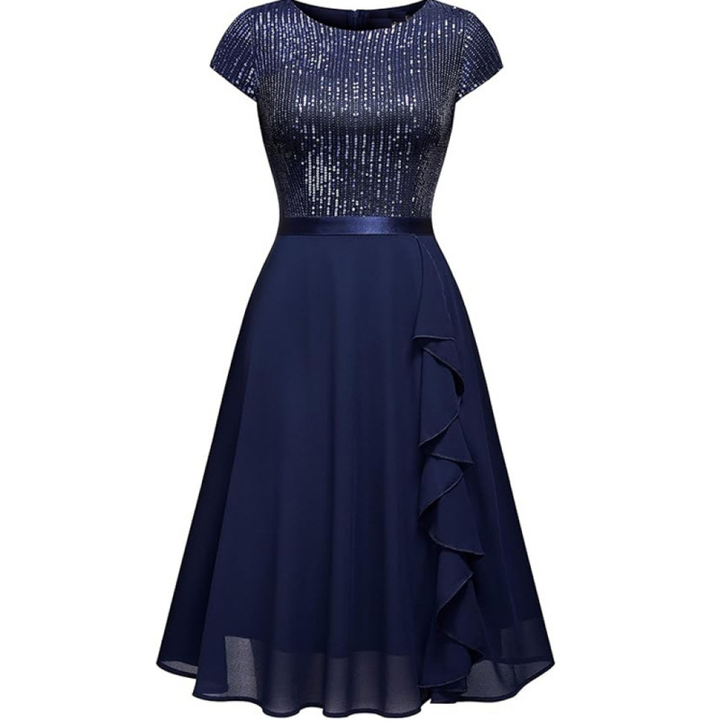 Women Elegant Glitter Sequin Ruffle Style Cocktail Prom Evening Dress