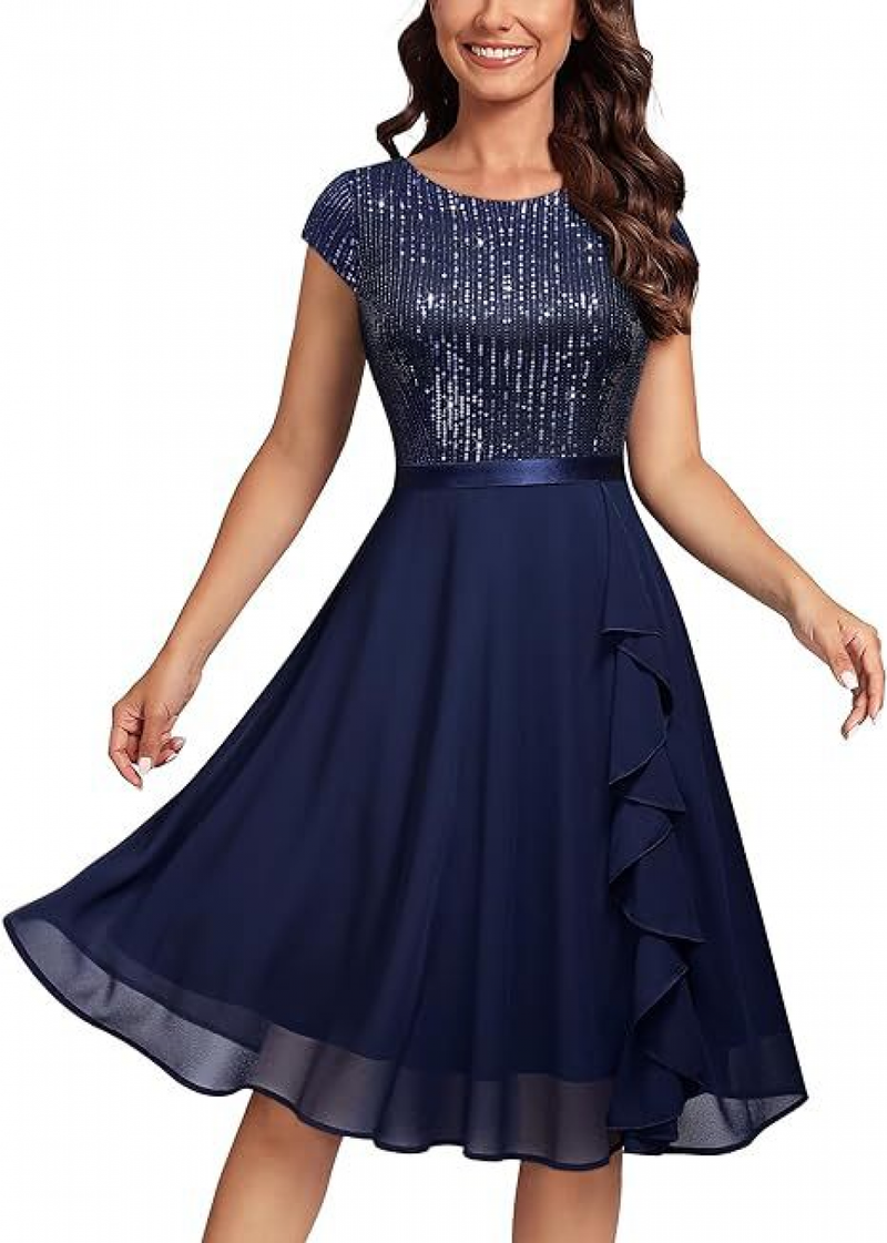 Women Elegant Glitter Sequin Ruffle Style Cocktail Prom Evening Dress