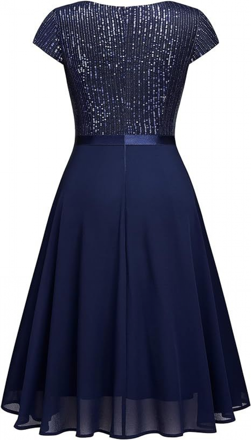 Women Elegant Glitter Sequin Ruffle Style Cocktail Prom Evening Dress