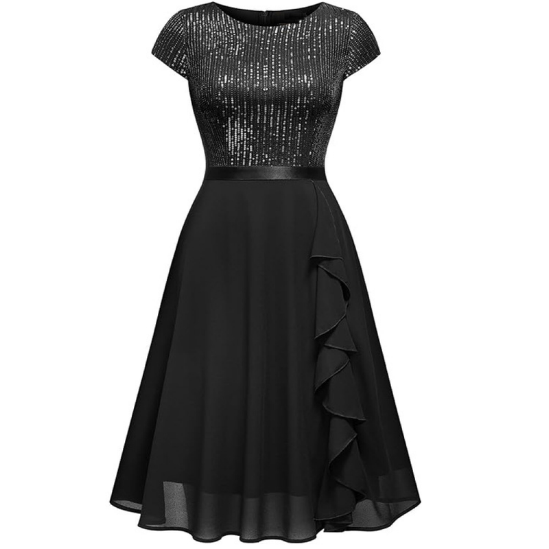 Women Elegant Glitter Sequin Ruffle Style Cocktail Prom Evening Dress