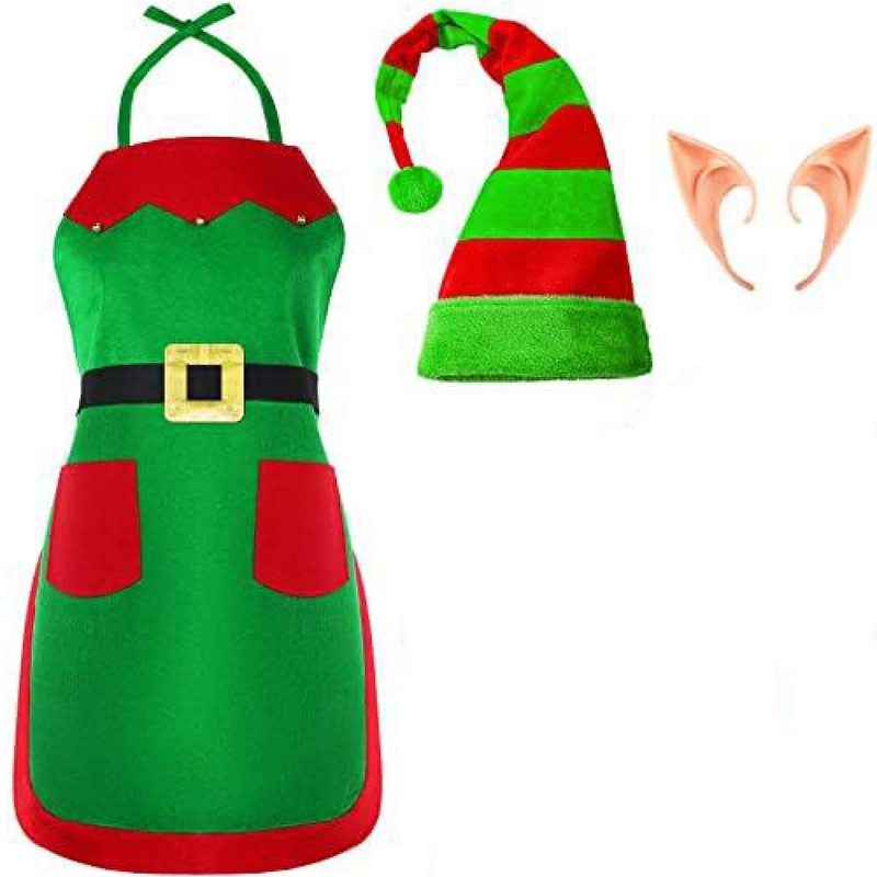 Women Elf Cosplay Costume Play Set Apron Plush Hat Ear for Party