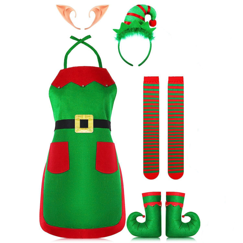 Women Elf Cosplay Costume Play Set Apron Plush Hat Ear for Party