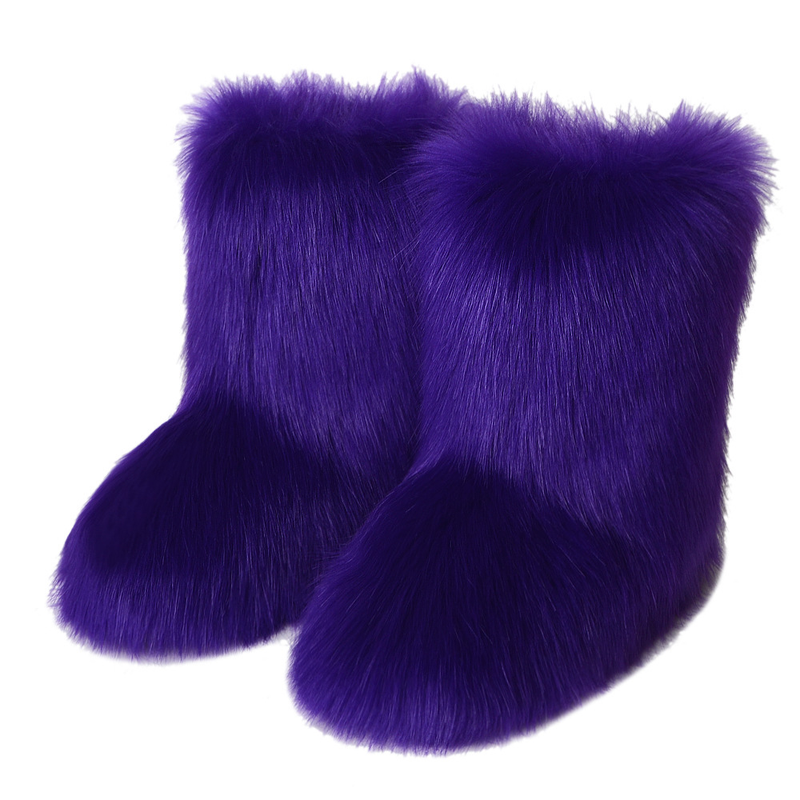 Women Faux Fur Fuzzy Snow Boots Fluffy Comfortable Winter Mid-Calf Boots