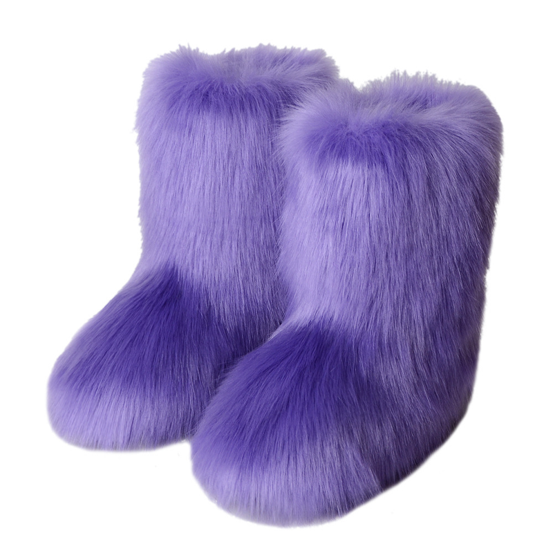 Women Faux Fur Indoor Flat Shoes Snow Boots Fluffy Winter Mid-Calf Boots