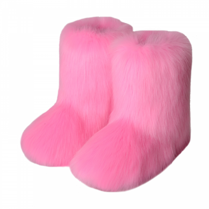 Women Faux Fur Indoor Flat Shoes Snow Boots Fluffy Winter Mid-Calf Boots