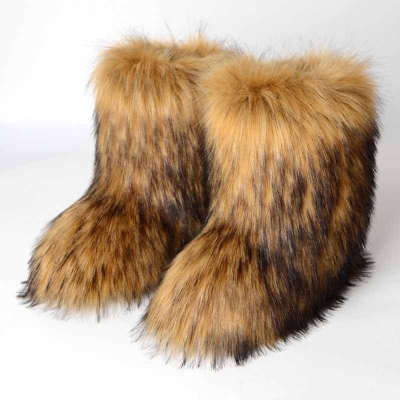 Women Faux Fur Furry Fuzzy Snow Boots Fluffy Winter Mid-Calf Boots