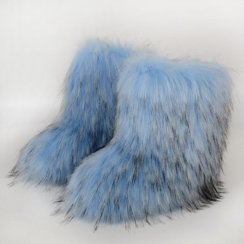 Women Faux Fur Furry Fuzzy Snow Boots Fluffy Winter Mid-Calf Boots