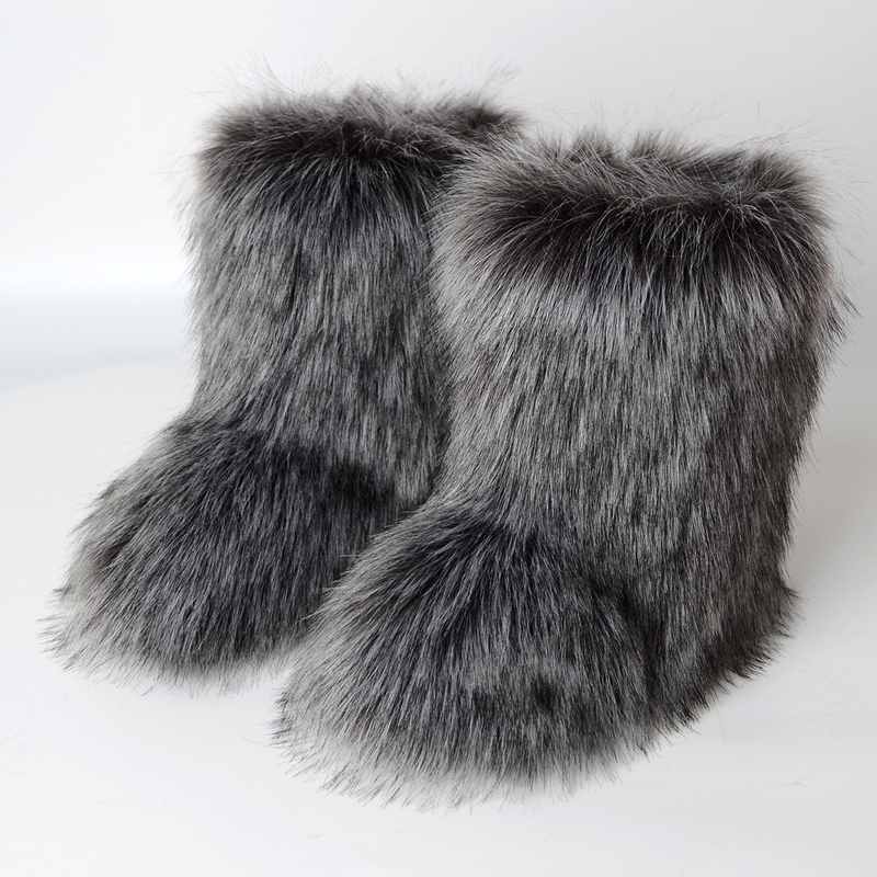 Women Faux Fur Furry Fuzzy Snow Boots Fluffy Winter Mid-Calf Boots