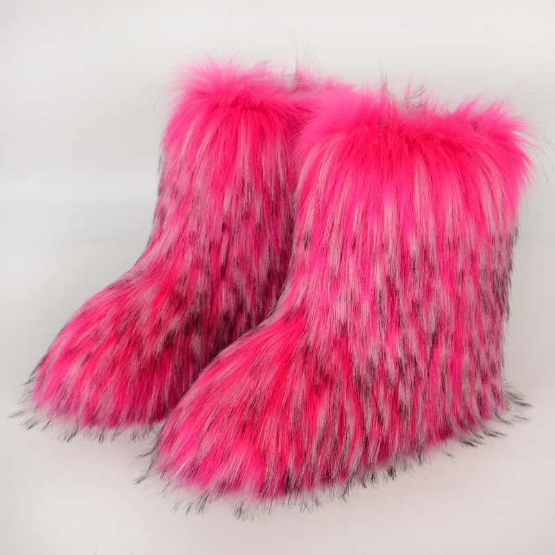 Women Faux Fur Furry Fuzzy Snow Boots Fluffy Winter Mid-Calf Boots