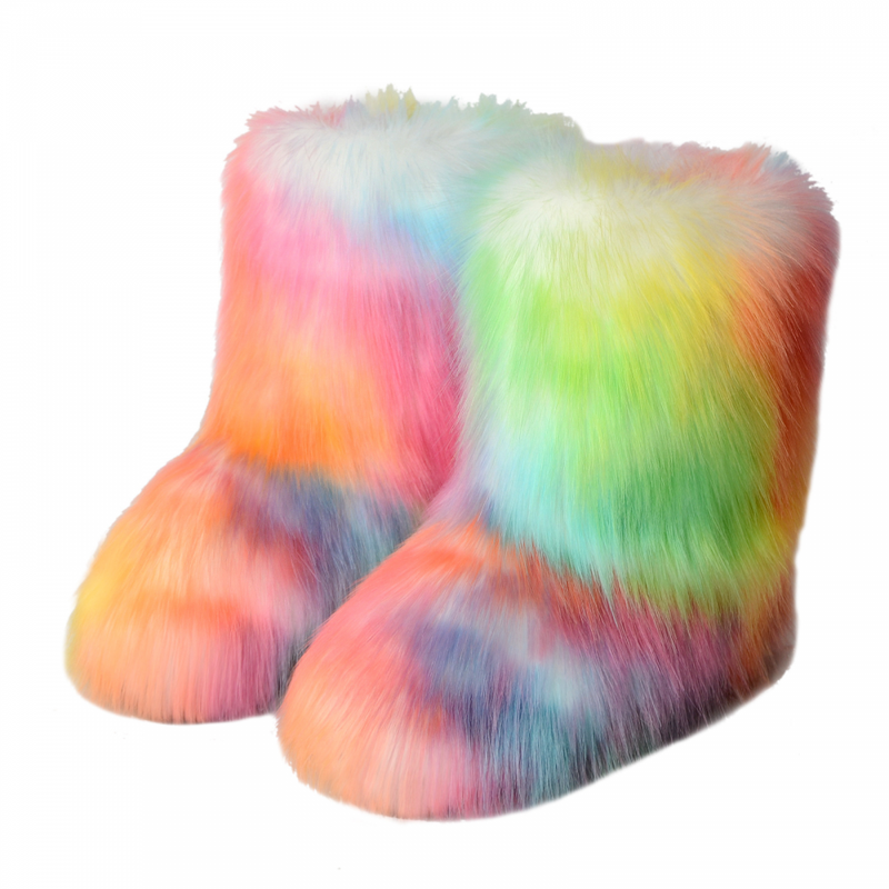 Women Faux Fur Fuzzy Snow Boots Fluffy Comfortable Winter Mid-Calf Boots