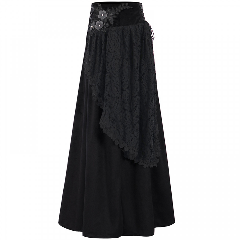 Women Gothic High Waist Velvet Lace Irregular Black Midi Skirts