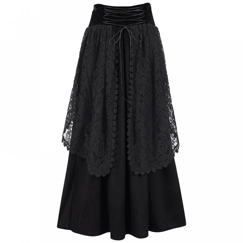 Women Gothic High Waist Velvet Lace Irregular Black Midi Skirts