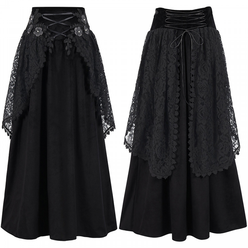 Women Gothic High Waist Velvet Lace Irregular Black Midi Skirts