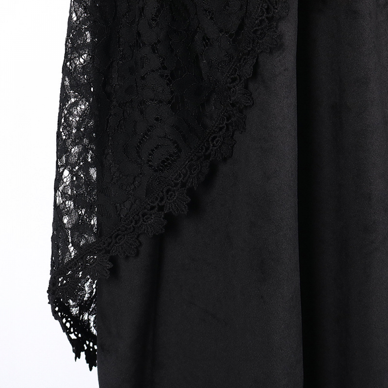 Women Gothic High Waist Velvet Lace Irregular Black Midi Skirts