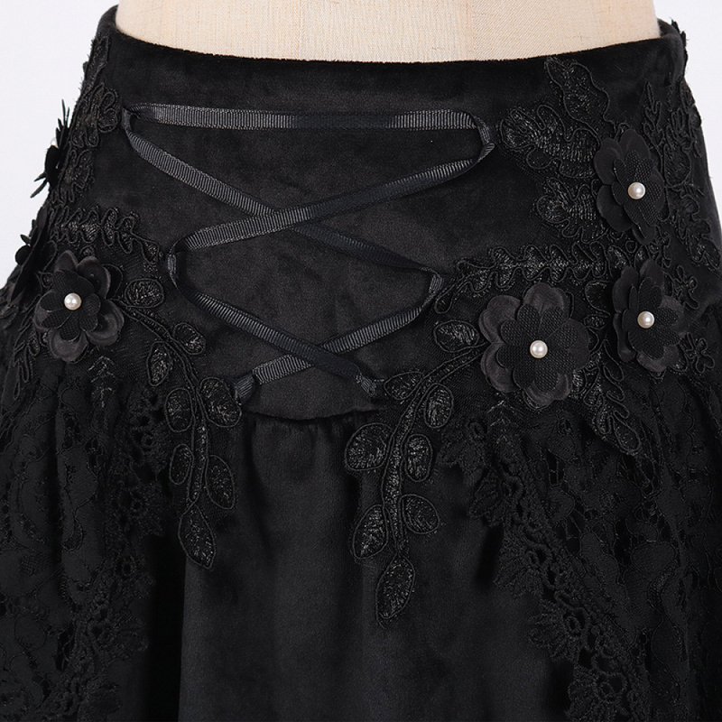 Women Gothic High Waist Velvet Lace Irregular Black Midi Skirts