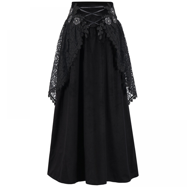 Women Gothic High Waist Velvet Lace Irregular Black Midi Skirts