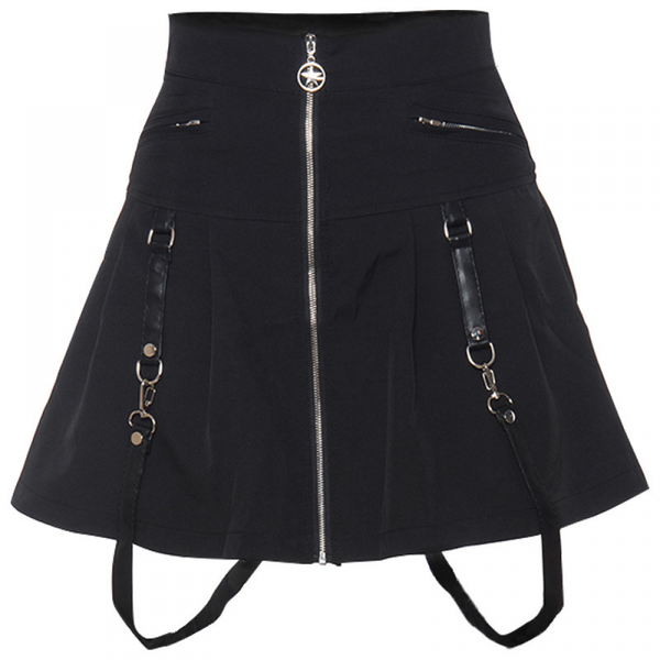 Women Gothic Punk Zipper Front Pleated A Line Mini Skirt with Chains