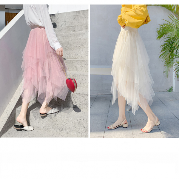 Women High Low Layered Puffy Fairy Midi Length Irregular Tutu Skirt