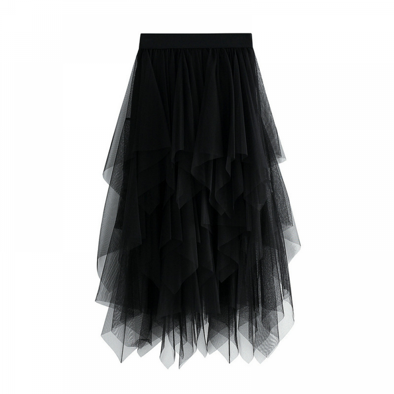 Women High Low Layered Puffy Fairy Midi Length Irregular Tutu Skirt