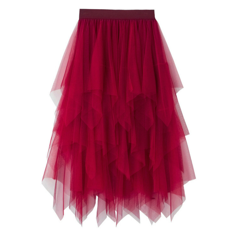 Women High Low Layered Puffy Fairy Midi Length Irregular Tutu Skirt