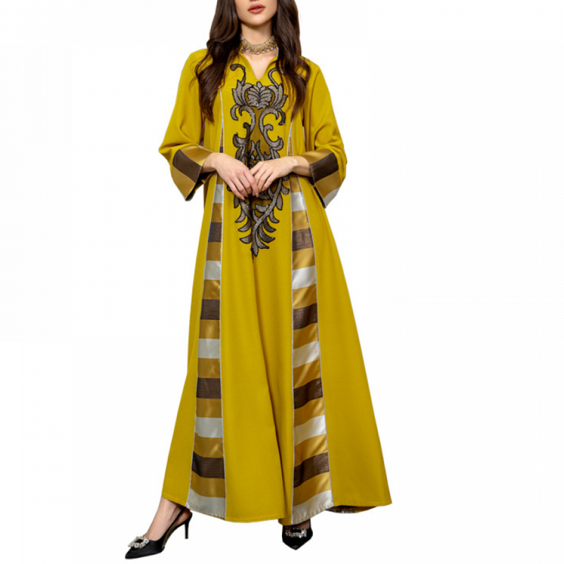 Women Islamic Dubai Robe Muslim Embroidery Applique Maxi Kaftan Dress