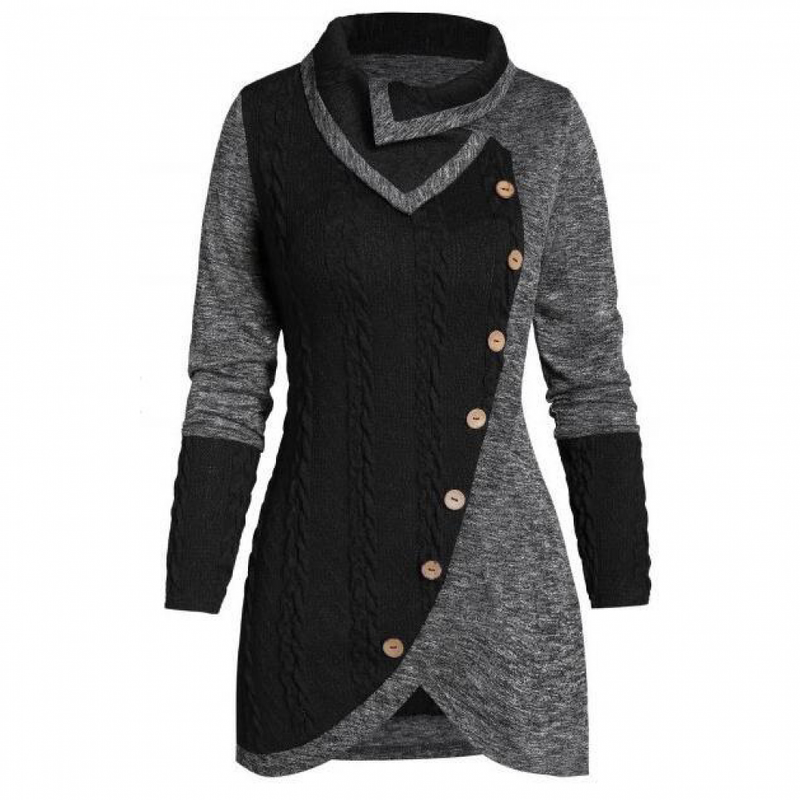 Women Mock Buttons Cable Knit Tunic Asymmetric Long Pullover Sweater Jumper