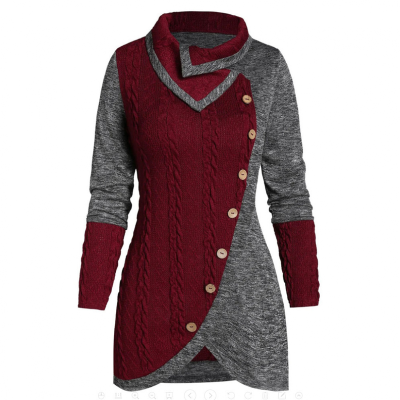 Women Mock Buttons Cable Knit Tunic Asymmetric Long Pullover Sweater Jumper