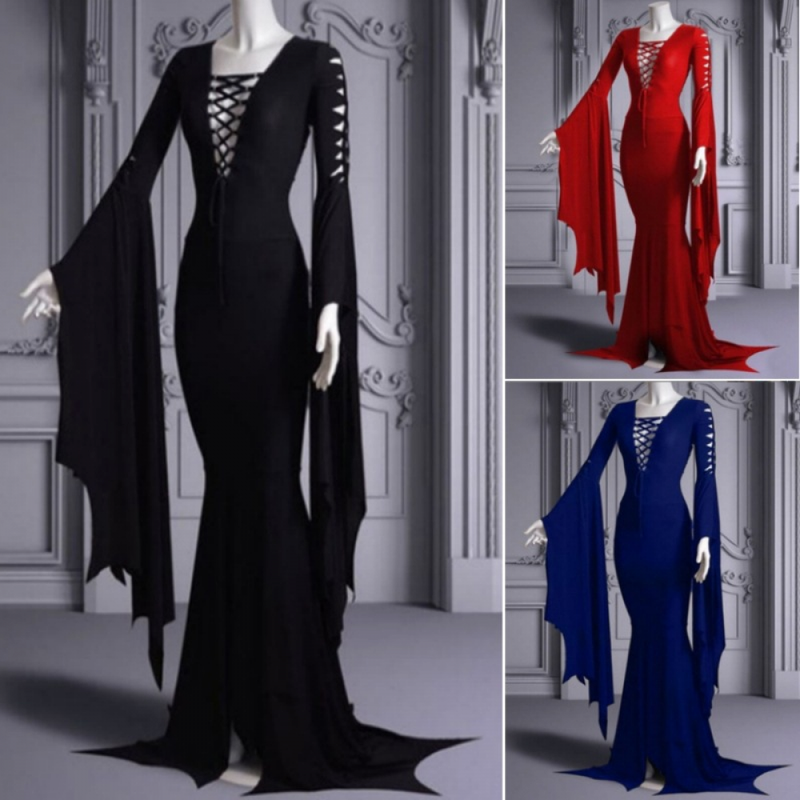 Women Morticia Floor Length Gothic Witch Mermaid Bnadage Dress