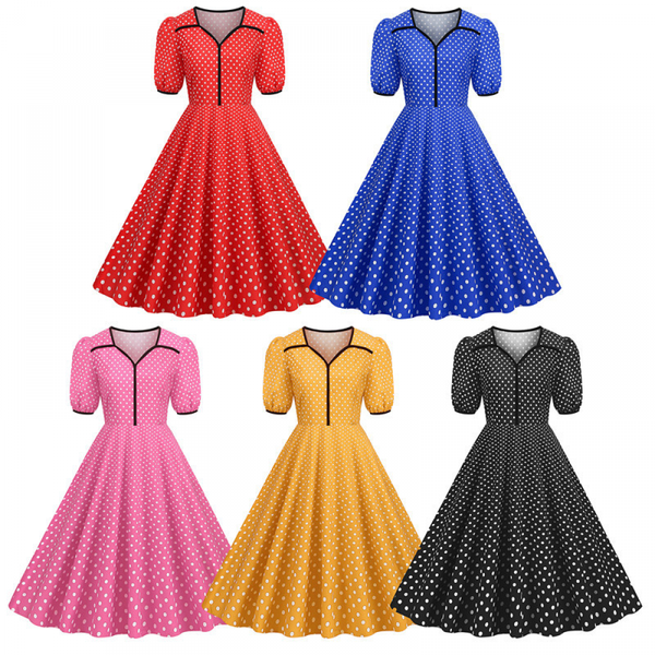 Women Notch Lapel 50s 60s Vintage V-Neck Polka Dot Midi Dress