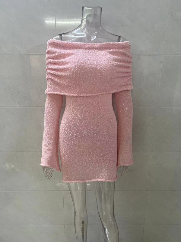 Women Off Shoulder Mini Bodycon Dress Crochet Mesh Sweater