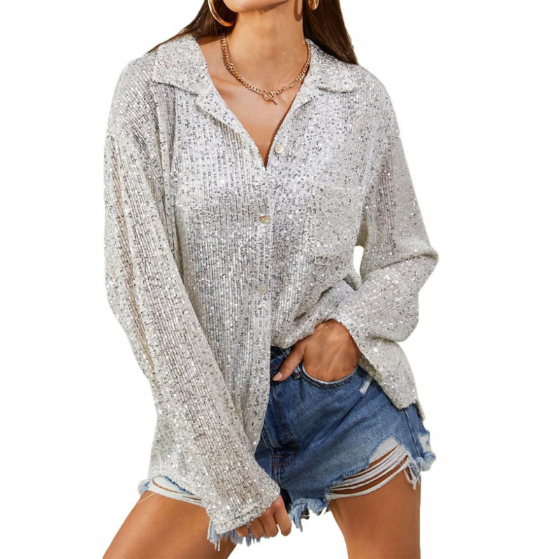 Women Plus Size Loose Fit Sequin Tops Long Sleeve Button Shiny Glitter Shirts