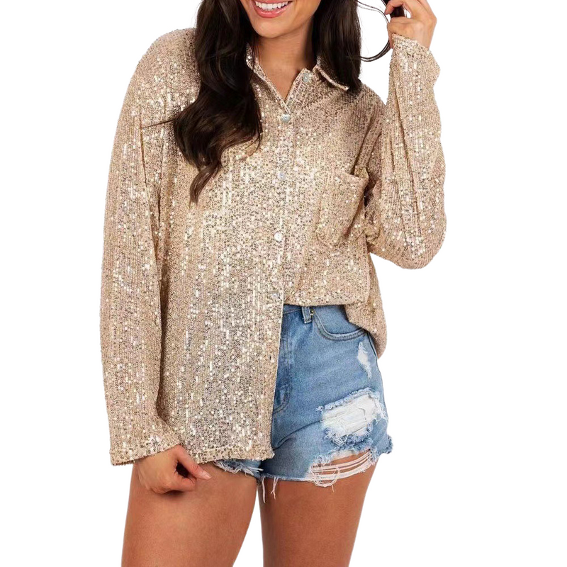 Women Plus Size Loose Fit Sequin Tops Long Sleeve Button Shiny Glitter Shirts