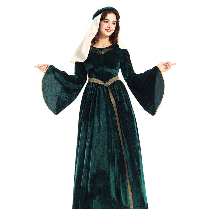 Women Retro Aulic Dress Belt Bell Sleeves Medieval Cosplay Costume