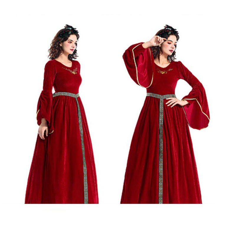 Women Retro Aulic Dress Belt Bell Sleeves Medieval Cosplay Costume