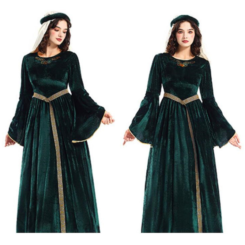 Women Retro Aulic Dress Belt Bell Sleeves Medieval Cosplay Costume