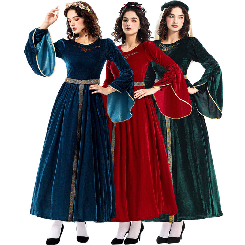 Women Retro Aulic Dress Belt Bell Sleeves Medieval Cosplay Costume