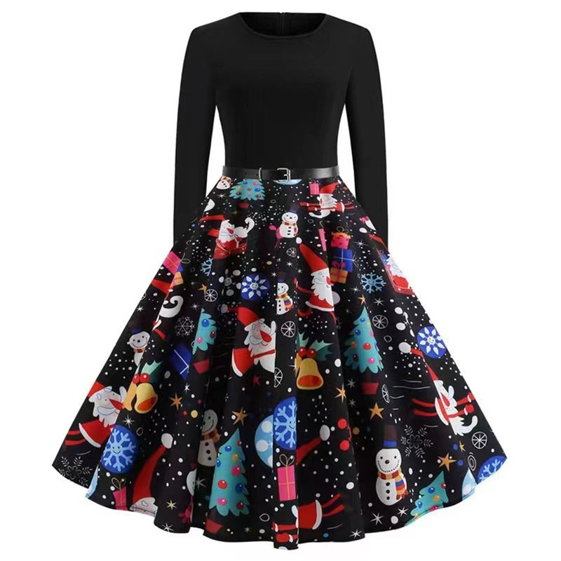 Women Retro Round Neck Long Sleeve Christmas Printed Dress