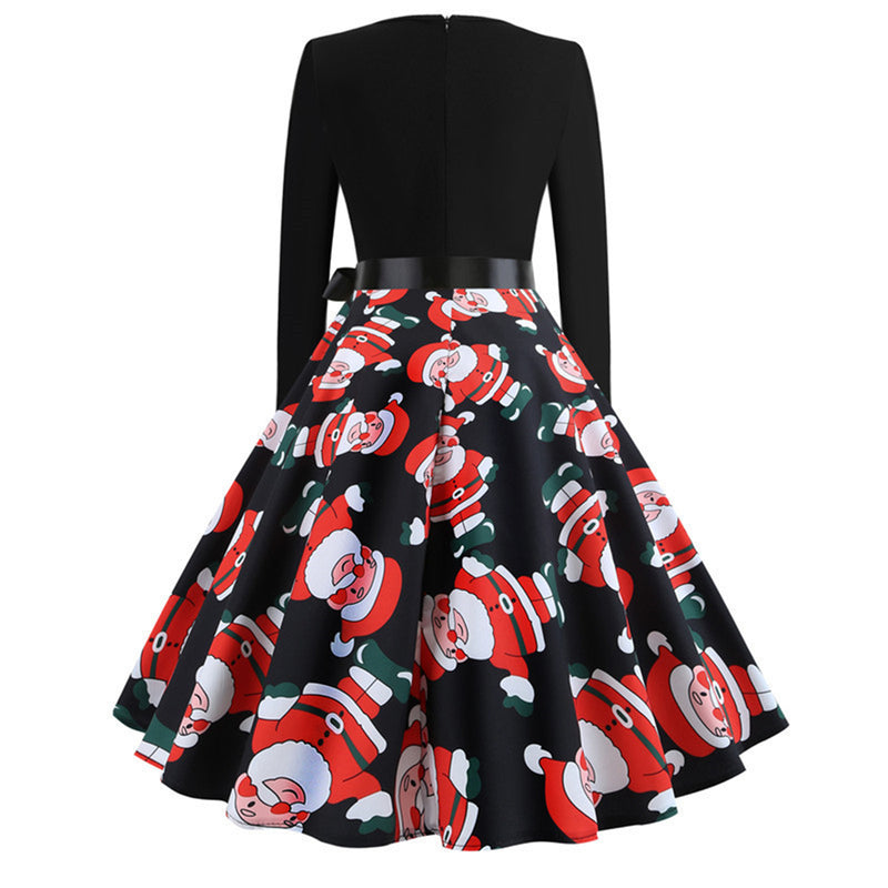 Women Retro Round Neck Long Sleeve Christmas Printed Dress